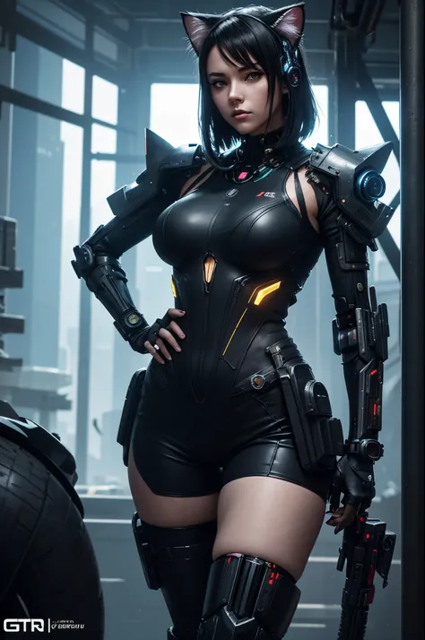 8k,Anime-style woman in black and yellow costume posing for a photo, Cyberpunk Girl, Female cyberpunk girl, attractive cat girl, Cyberpunk Girl Mecha, The Art of Digital Cyberpunk, Cat Girl, Cyberpunk Art, wojtek fus, wearing techwear and armor, Cyberpunk ...