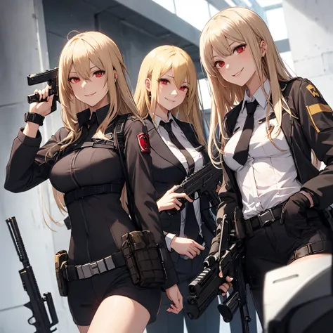 animesque　a blond　red eyes　woman in suit with gun　Inappropriate smile　masuter piece　Blonde haired red eyed escort with gun, girls frontline style, M4 Sopmode II