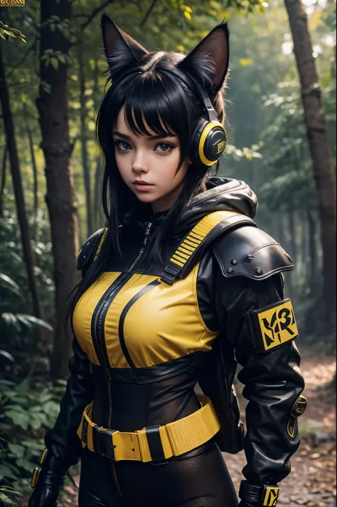 8k,Small-breasted cat girl in black and yellow costume posing for a photo, small breasted cyberpunk girl, attractive cat girl, The Art of Digital Cyberpunk, Cat Girl,  wojtek fus, wearing techwear and armor, teens girl, Trending on CGSTATION,in woods,