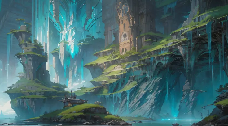 "(By Greg Rutkowski: 1.2), (masutepiece), (Best Quality), Extremely delicate and beautiful, Illustration, (Fantasy landscape), A mesmerizing fantasy landscape with a seamless blend of enchanting elements. (Majestic Crystal Cave Mine), Giant Crystal, Decora...