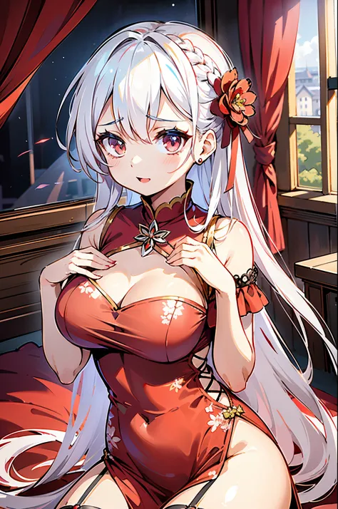 anime - style image of a woman in a red dress sitting on a bed, Seductive Anime Girl, small curvy loli, loli in dress, azur lane style, Cute anime waifu in a nice dress, white haired god, [ 4 k digital art ]!!, palatial palace ， a girl in hanfu, from the a...