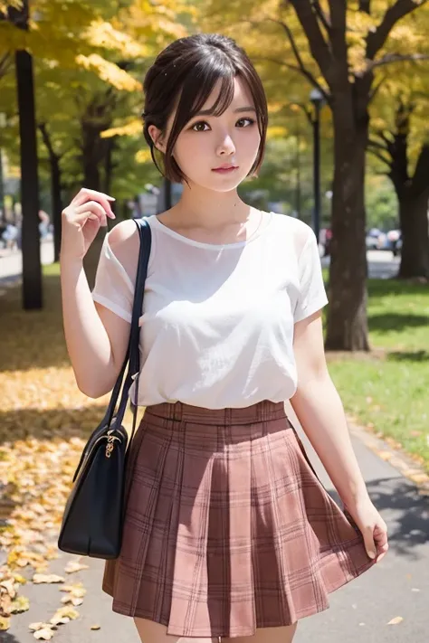 1womanl、24 year old、Season、autumnal、a park、Shorthair、skirt by the、Photorealsitic