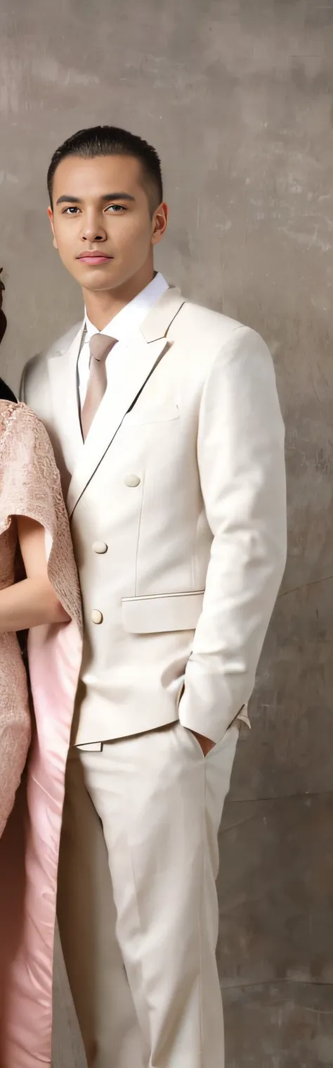 there is a man and woman standing next to each other, wearing a white tuxedo, Wearing a white suit., close up half body shot, white suit, Elegant dress, White suit and black tie, Side view of the intricate details, Exquisite and smooth details, Formal dres...