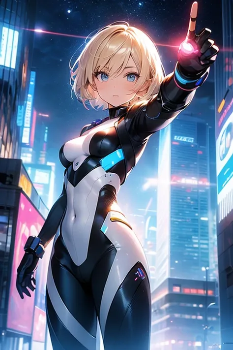 beautiful girl, short blond hair, wearing futuristic body suit, pointing futuristic pistol at viewer, futuristic city, high quality, colorful