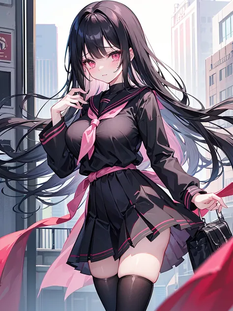 Long black hair that reaches the waist，Pink eyes，Hair curtain，Two long hair curtains，Girl in good shape，Wearing a black sailor uniform，Short skirt black stockings，School rooftop，Laughing to the point of tears，Big Breasts Girl