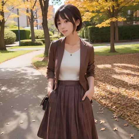 (Perfect Anatomy)1 woman、24 year old、season、autumnal、a park、Shorthair、skirt by the、Photorealsitic、Yoshiko Akishino