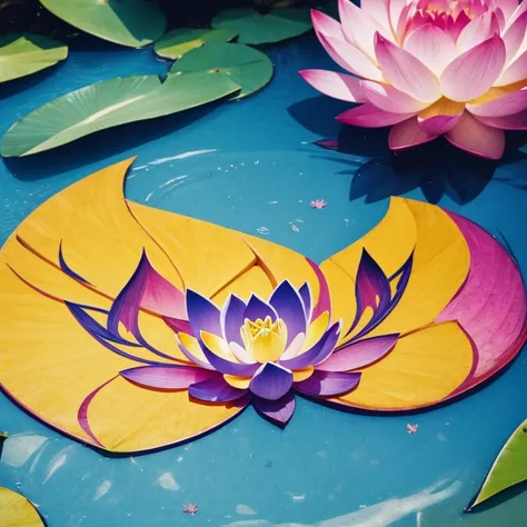 lotus tattoo design, with pink petals, blue lotus heart, Yellow capital letters GSF