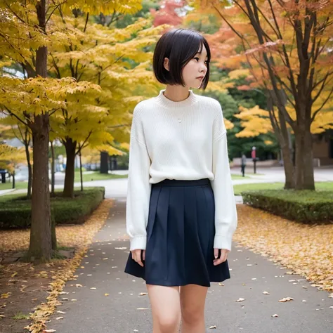 1 woman、24 year old、season、autumnal、a park、Shorthair、skirt by the、Yoshiko Akishino