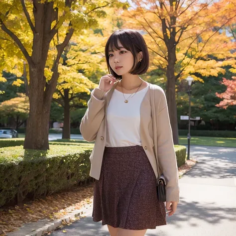 1 woman、24 year old、season、autumnal、a park、Shorthair、skirt by the、Yoshiko Akishino