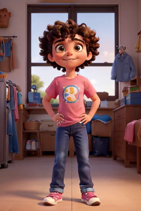 A 10-year-old boy with short black hair and brown eyes wearing a blue t-shirt, jeans and ALL star sneakers and a 6-year-old girl with brown eyes, curly hair tied with two tails, dressed in a pink t-shirt, jeans and ALL star sneakers