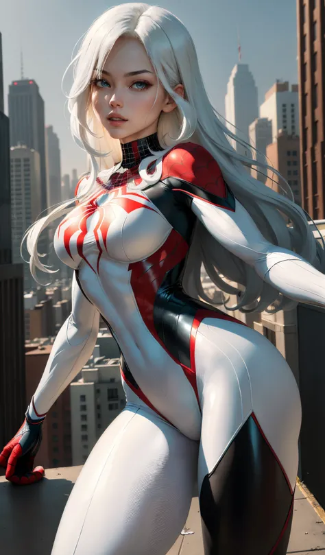 (tmasterpiece, 4K分辨率, Surreal, The is very detailed), (white super hero theme, Charismatic, There was a girl in town, Wearing a latex Spider-Man costume, Shes a superhero), [ ((25 years), (Long white hair:1.2), full bodyesbian, (eBlue eyes:1.2), ((Spider-M...