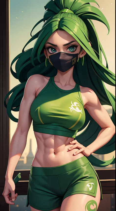 (beautiful detailed face and eyes and hair:1.1), 1girl, Akali, looking at viewer, league of legends, abs, arm tattoo, by night, green shirt, green mask, ninja style