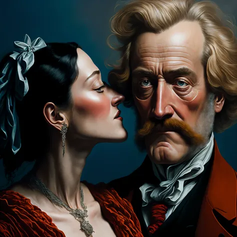 A picture of a man and a woman kissing in a picture, Boris Vallejo and Tom Bagshaw, martin ansin artwork portrait, Baroque Digital Painting, by Alexander Kucharsky, Michael Horse (Unreal Engine, Written by Christash Gheorghiu, Diego Dyer, Anton Fadeev, ins...