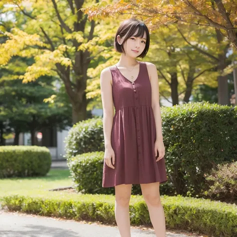 1womanl、20yr old、season、autumnal、a park、Shorthair、Casual dress、Yoshiko Akishino、Photorealsitic