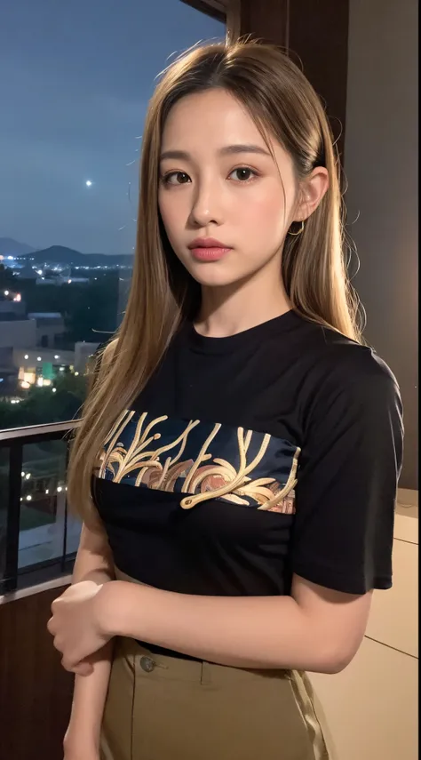 ((mid night, nood, 8K, tmasterpiece:1.3)), watching at viewers, realistic、Instagram, realistic skin textures, 21years old, a Pretty Japanese woman, Medium Hair, Light brown highlight hair、Black T-shirt