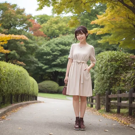 1womanl、20yr old、season、autumnal、a park、Shorthair、Casual dress、Yoshiko Akishino