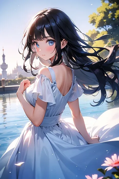 A beautiful and beautiful young princess with black hair with blue eyes, she is wearing her beautiful long white dress