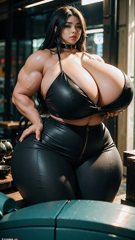 mulher Araffe usando micro bikini preto posando para uma foto, corpo grande, pernas longas, exaggeratedly large physique, thicc, absurdly massive physique, poderoso e enorme, huge muscles, massive muscles, beautiful thick female, thicc build, large muscles...