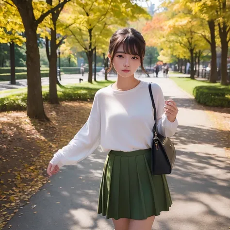 (8K、Raw photography、top-quality、​masterpiece:1.2)、(realisitic、Photorealsitic:1.37)、1womanl、24 year old、season、autumnal、a park、Shorthair、skirt by the