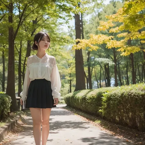 (8K、Raw photography、top-quality、​masterpiece:1.2)、(realisitic、Photorealsitic:1.37)、1womanl、24 year old、season、autumnal、a park、Shorthair、skirt by the