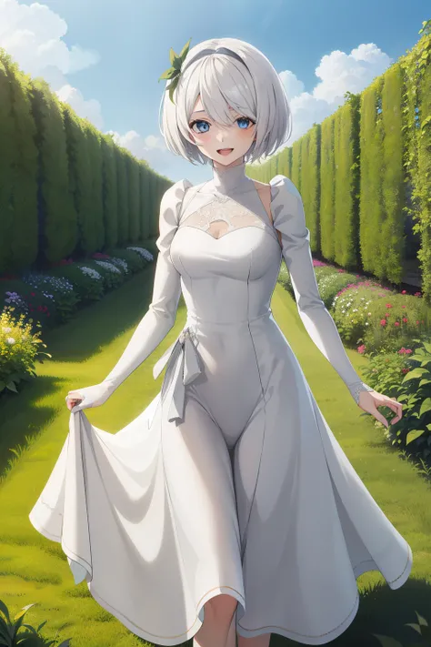 masterpiece, best quality, highres, aarurutie,1girl, wedding dress, white dress, standing, garden, smile, open mouth, yorha no. 2 type b, short white hair, blue eyes