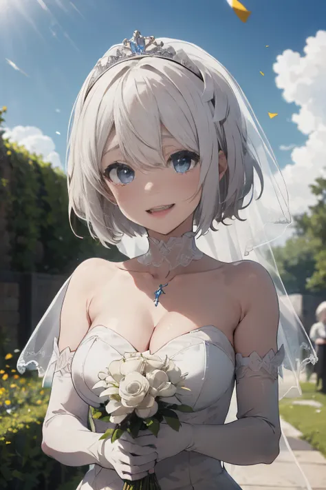 masterpiece, best quality, highres, aaichika,  tiara, bridal veil, necklace, cleavage, wedding dress, strapless dress, white dress, white gloves, elbow gloves, garden, smile, open mouth, tears, upper body, confetti, holding bouquet, bouquet, yorha no. 2 ty...