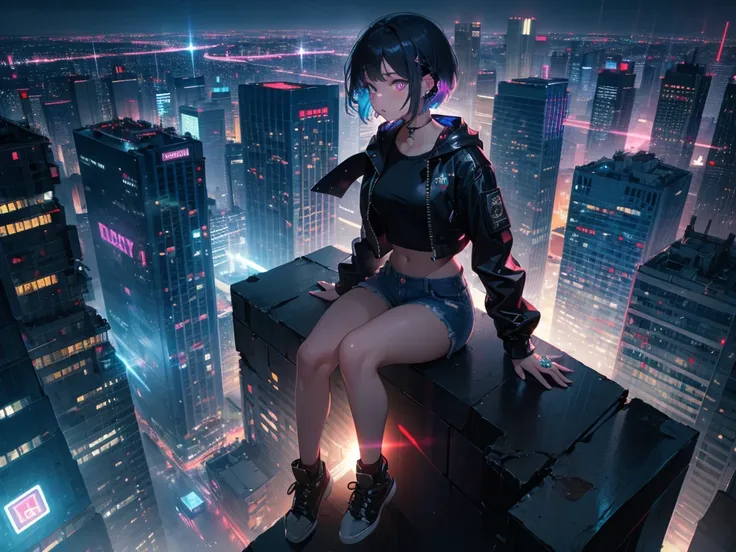 {{​masterpiece,Best Quality}}, top-quality, Delicate background,delicated face,Super delicate,Ultra-detailed CG Unity,8k wallpaper, lensflare, (colourfull:1.5),Detailed beautiful eyes,a 20 yo woman,Bery short hair,Cool Face,((Black and blue hair)),glowing ...