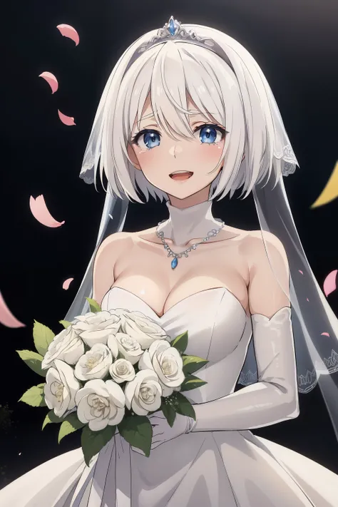 masterpiece, best quality, highres, aaichika,  tiara, bridal veil, necklace, cleavage, wedding dress, strapless dress, white dress, white gloves, elbow gloves, garden, smile, open mouth, tears, upper body, confetti, holding bouquet, bouquet, yorha no. 2 ty...