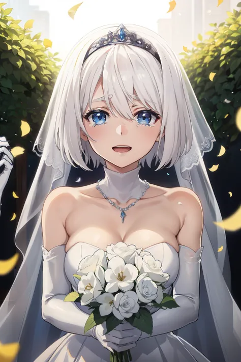 masterpiece, best quality, highres, aaichika,  tiara, bridal veil, necklace, cleavage, wedding dress, strapless dress, white dress, white gloves, elbow gloves, garden, smile, open mouth, tears, upper body, confetti, holding bouquet, bouquet, yorha no. 2 ty...