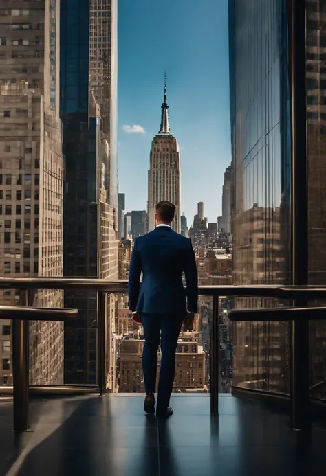 A photo of Finance Bro standing at the top of a skyscraper with the New York City skyline in the background,original,30 years old, masculine, near comb over hair, wears a navy suit with a tie, walks around New York City