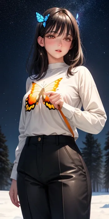 realistic, 1girl, black hair, honey brownish eyes, glowing eyes, butterfly cut shirt orange and black , grey oversized trouser , parted lips, blush, snowy land, snowflakes, stars, galaxy arm,