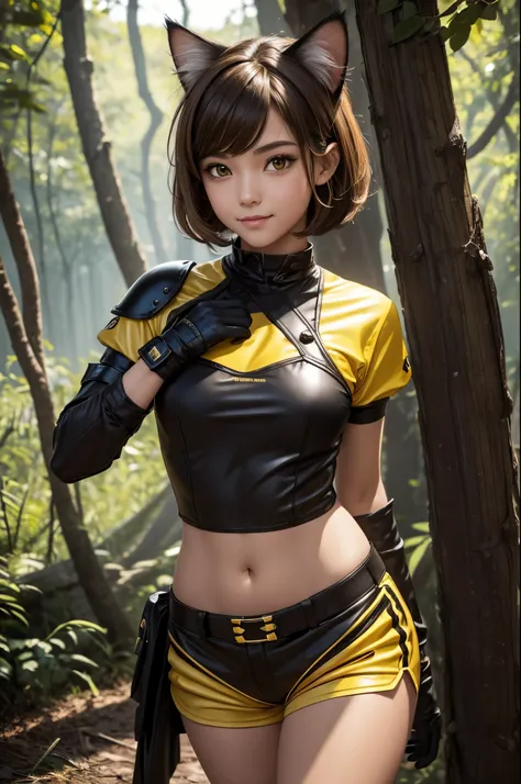 8k,Small-breasted cat girl in black and yellow costume posing for a photo, small breasted cat girl, Attractive little girl with bright brown hair and short permed hair, Fantasyart, little cat girl,  wojtek fus, sexy black and yellow small chest armor, chiq...