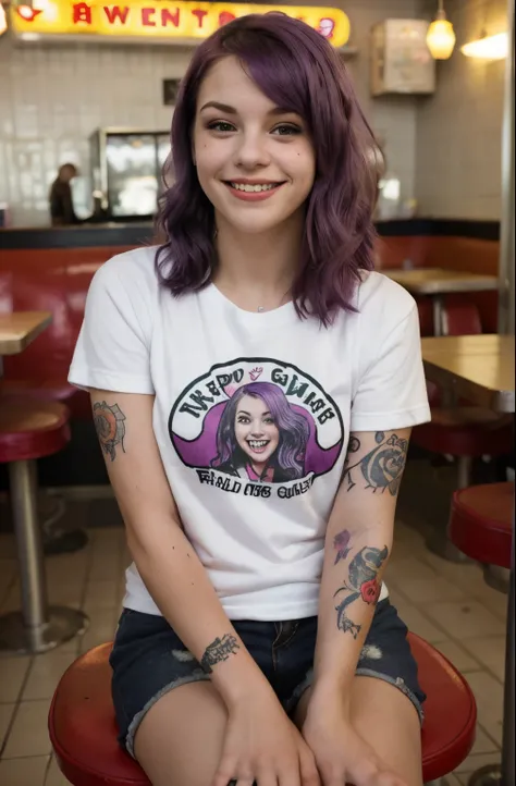 street photography photo of a young woman with purple hair, smile, happy, cute t-shirt, tattoos on her arms, sitting in a 50s diner