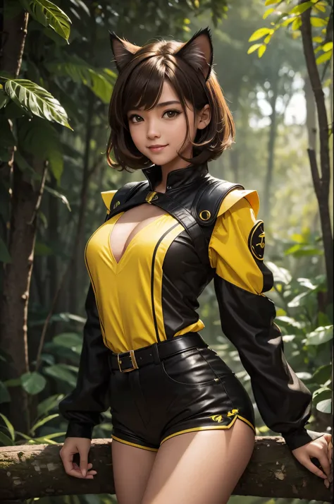 8k,Small-breasted cat girl in black and yellow costume posing for a photo, small breasted cat girl, Attractive little girl with bright brown hair and short permed hair, Fantasyart, little cat girl,  wojtek fus, sexy black and yellow small chest armor, chiq...