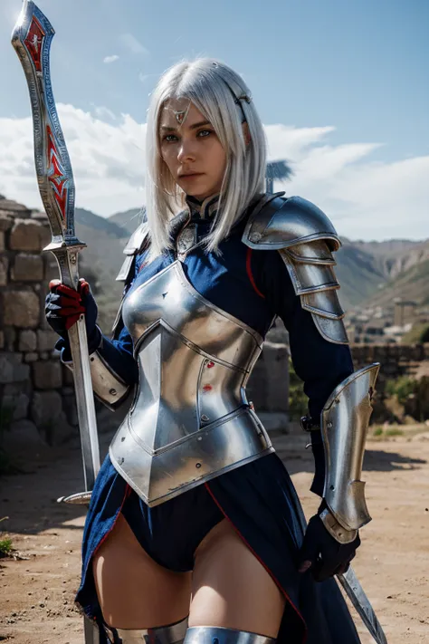 Femal warrior white hair,silver armor light reflect and red and blue line ,blue eye,equip sword and shield