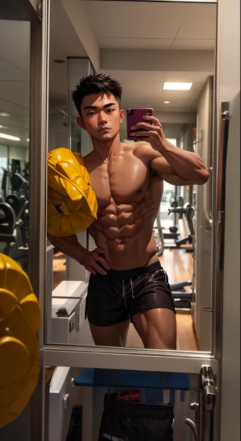 handsome asain guy taking photo of  himself at the mirror at the gym, big muscle