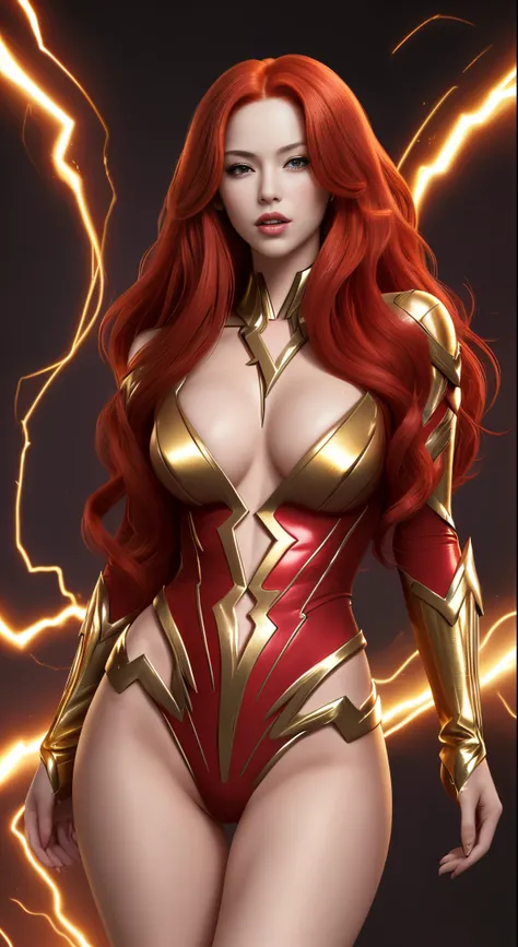 A beautiful and sexy woman with long red hair who has a very sexy body wearing a gold the flash outffit