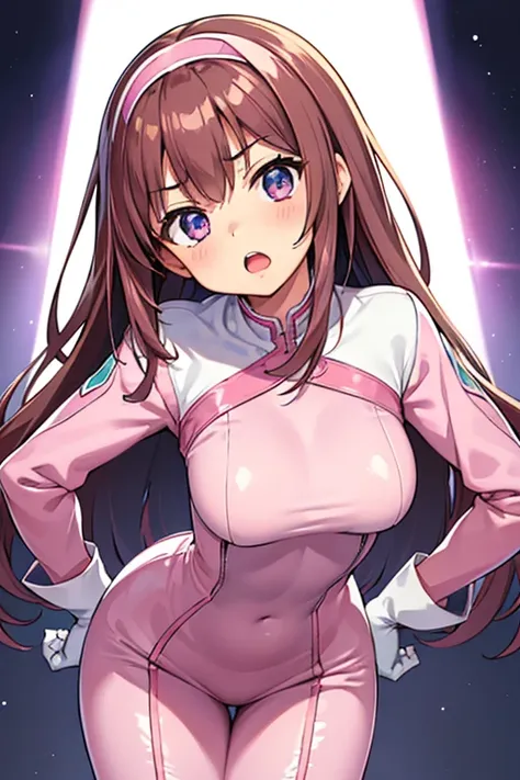 (leaning forward, 1 girl, looking at viewer, from front, facing straight at viewer, glaring, index finger pointing, hand on hips, pink and light blue and white clothes, futuristic space suit, inside punishment room), focus face and finger, shiny slim fit s...