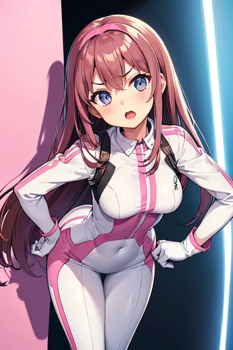 (leaning forward, 1 girl, looking at viewer, from front, facing straight at viewer, glaring, index finger pointing, hand on hips, pink and light blue and white clothes, futuristic space suit, inside punishment room), focus face and finger, shiny slim fit s...