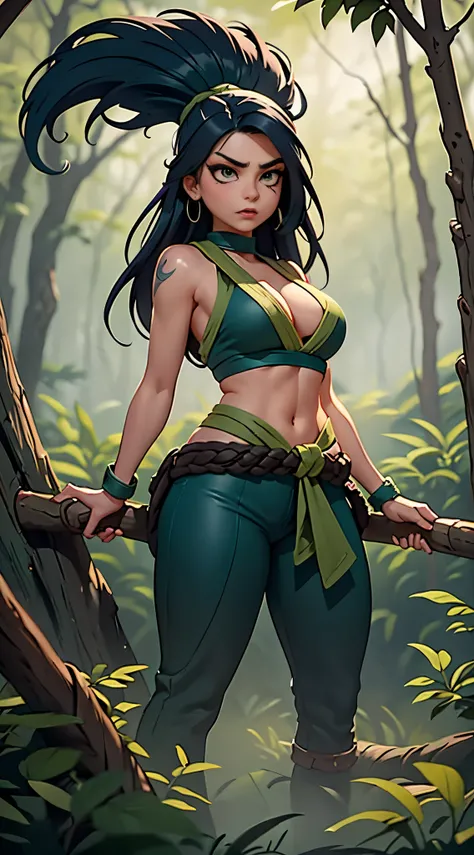 Akali, in the midst of a dense, mystical fog-filled forest, her figure barely visible, creating an air of suspense and danger. The fog plays with the shadows of her ninja outfit, revealing glimpses of her intensity. The environment is rich with ancient tre...