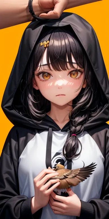 there is a woman, has honey eyes wearing black hoodie on her head, her black wavy bangs are covering her forehead, shes holding a bird, a mourning dove in her hand and looking at it