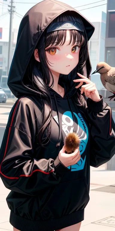 there is a woman, has honey eyes wearing black hoodie on her head, her black wavy bangs are covering her forehead, shes holding a bird, a mourning dove in her hand and looking at it