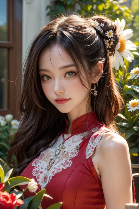 Wearing a bright red dress，Bring out her fair complexion, Standing gracefully in front of a flowery garden,Front Shooting， Double exposure effect creates an ethereal atmosphere，bathed in the warm glow of the sun. The garden was full of colorful flowers, In...