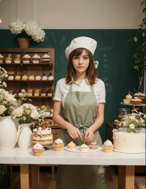 confectioner, pastry hat, confectionery, girl in a pastry apron, Photo Enhancement, beste-Qualit, 4k quality, straight bangs, Traced hair, drawn hands and fingers, Cakes, Cakes, blurred background, bokeh