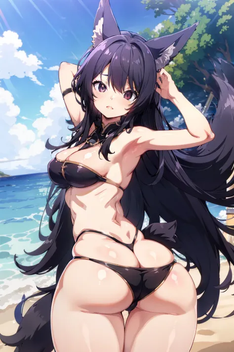 1girl, highleg panties, 
ass,  beach,, masterpiece, best quality, highly detailed,  Delta, long black hair, fox ears, black eyes, fox tails