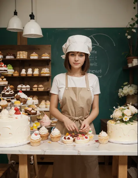 confectioner, pastry hat, confectionery, girl in a pastry apron, Photo Enhancement, beste-Qualit, 4k quality, straight bangs, Traced hair, drawn hands and fingers, Cakes, Cakes, blurred background, bokeh