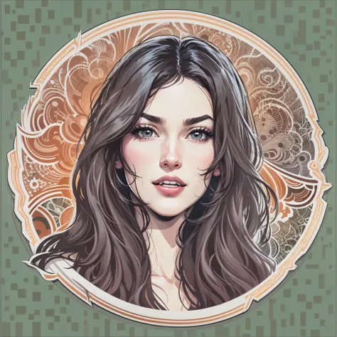 (Sticker),whitebackground,((in a circle)), Adult woman, Monica Belluccis Face, straight hair, long dark hair , Olive eyes, (nose with a hump), pouty lips, happy face, good mood, Impudent facial expressions , (Black blouse:1.3). dark outline, flame pattern,...