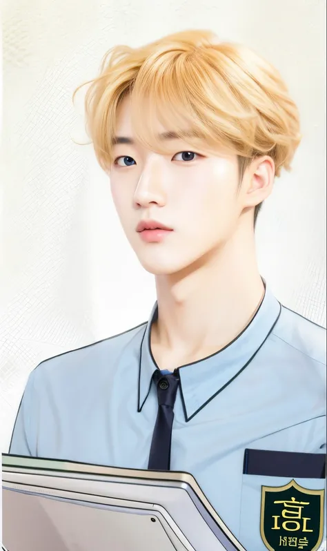 handsome young Korean actor, curly blonde hair, green eyes