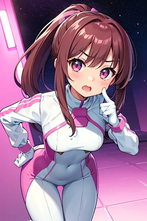 (leaning forward, 1 girl, looking at viewer, from front, facing straight at viewer, glaring, index finger pointing, hand on hips, pink and light blue and white clothes, futuristic space suit, inside punishment room), focus face and finger, shiny slim fit s...