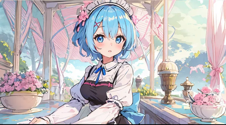 1girl, solo, breasts, looking at viewer, blush, short hair, blue eyes, hair ornament, dress, ribbon, medium breasts, blue hair, hair ribbon, outdoors, detached sleeves, sky, day, hair over one eye, apron, blue sky, maid, maid headdress, x hair ornament, pi...